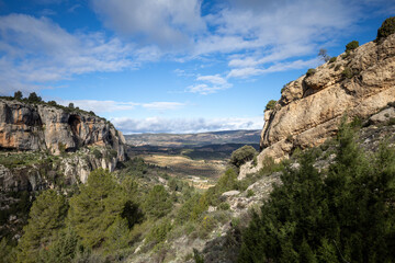 Landscape between mountains of the Benízar area in the north of Moratalla, Region of Murcia, Spain, with its extensive pine forests