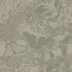 Seamless background vintage leaves with butterflies. hand drawing. Not AI, Vector illustration.