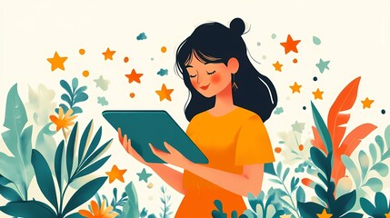 Girl interacting with a tablet as golden stars appear, illustrating product reviews, digital ranking, and service quality, suitable for marketing, illustrated book style