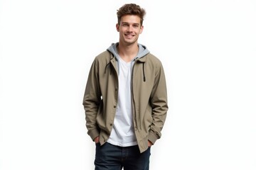 Fototapeta premium Half-Length (Waist-Up) portrait of young stylish smiling Dutch male model in casual wear isolated on pure white background looking at camera
