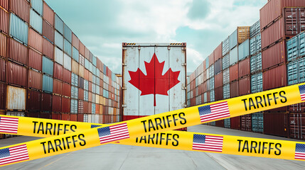 a conceptual illustration of trade tensions between the United States and Canada, featuring shipping containers with a Canadian flag and yellow "Tariffs" tape adorned with the American flag