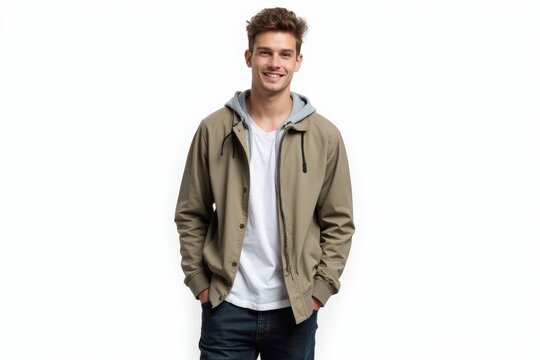 Half-Length (Waist-Up) portrait of young stylish smiling Dutch male model in casual wear isolated on pure white background looking at camera