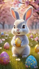 Cute fluffy Easter bunny holding a yellow Easter egg standing among grass and colorful Easter eggs