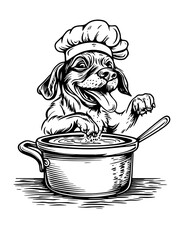 Playful dog chef stirring a pot in a charming vintage engraved illustration style