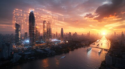 Obraz premium Sunset cityscape aerial view, digital network. Stock photo