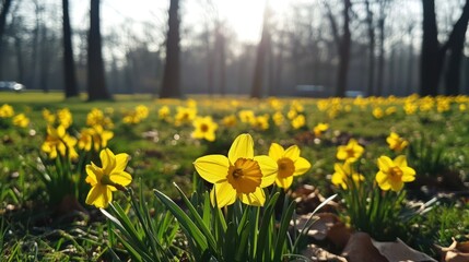 Fototapeta premium Daffodils meadow illuminated by sunlight shining through trees in park