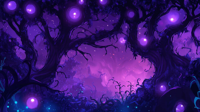 Spooky dry liana vines with glow and twisted branches in form of circle, rectangle and oval frame for game ui design. Cartoon vector illustration set of scary creepy magic jungle purple border.
