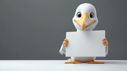 Cartoon bird character holding a blank sign against a neutral background, ready for messaging