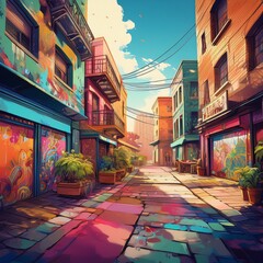 Naklejka premium Comic cartoon urban street scene with diverse architectural styles