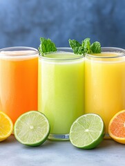 Colorful, refreshing fruit juices in glasses, garnished with mint, surrounded by vibrant citrus fruits, Ideal for promotions, blogs, or health-related content focusing on wellness and hydration,