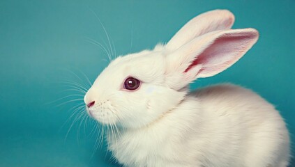 Fototapeta premium Profile of a white fluffy rabbit with long whiskers on a blue plain background