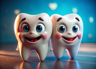 Obraz premium Macro Happy & Sad Cartoon Teeth 3D Render - Dental Health Illustration