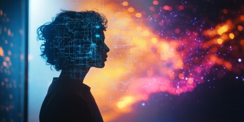 A silhouette of a person surrounded by a vibrant digital landscape. The image conveys creativity and innovation. It illustrates the fusion of technology and human intellect. AI