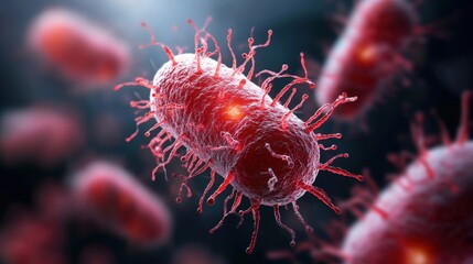 Obraz premium A close-up view of a colorful bacteria under a microscope, showcasing intricate details and textures, This image is ideal for educational materials, science articles, and healthcare presentations,