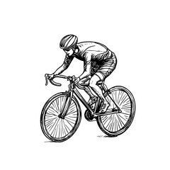 Vintage engraved illustration of a cyclist in motion on a classic racing bike, showcasing dynamic energy and design