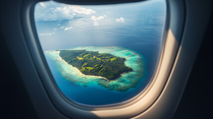 Plane window inside view with island to travel. Aircraft porthole on flight to tropical vacation illustration. Banner frame design with aeroplane illuminator and aerial concept for advertising