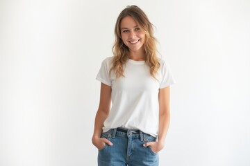 Half-Length (Waist-Up) portrait of young stylish smiling Dutch female model in country wear isolated on pure white background looking at camera