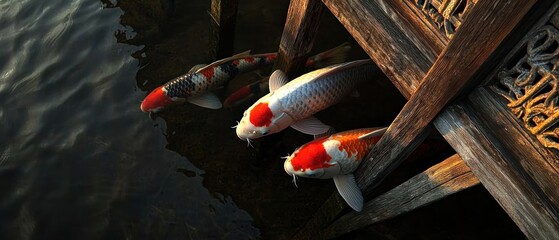 Obraz premium Koi Fish in Pond Under Wooden Structure