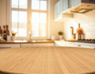 Empty beautiful round wood tabletop counter on interior in clean and bright kitchen background, Ready for display, for product montage