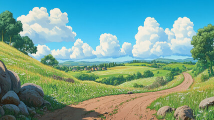 Cartoon nature landscape green plain or field with dirt road, grass and rocks under blue sky with fluffy clouds, picturesque scenery background, natural tranquil countryside scene, vector illustration
