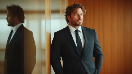 A powerful portrait of a well-dressed man confidently posing against a polished wooden wall, exuding professionalism and leadership in an elegant setting.