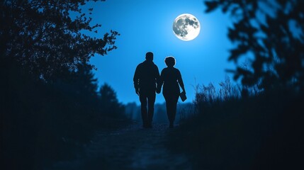Couple walking under a bright moonlight on a serene path