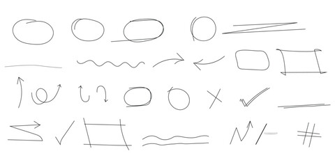 Hand drawn highlight, arrows, text underline strokes and emphasis marks. Set of ellipses, rectangles, squares, ovals and marks. Collection of brush doodle elements and shapes for message notes 