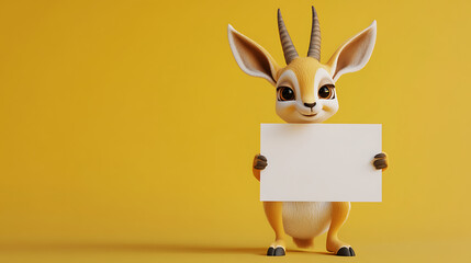 Obraz premium Cute cartoon animal holding a blank sign against a vibrant yellow background, inviting creativity