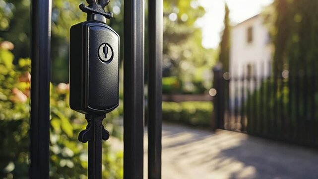 Elegant metal gate with secure lock mechanism and blurred luxury home background