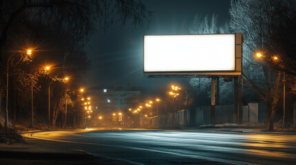 Blank large billboard on street in town at night. Vector cartoon cityscape with empty road, street lights and white advertising bigboard with lamps. Big marketing poster