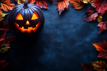 Halloween pumpkin with autumn leaves