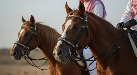 Obraz premium Equestrian Scene Two Arabian Horses with Riders in Traditional Dress