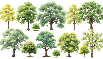 Diverse Illustrations of Lush Green Trees in Various Shapes and Sizes