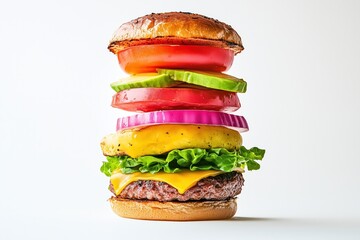 Delicious hamburger with toasted buns, beef, cheese, and fresh vegetables displayed on white background