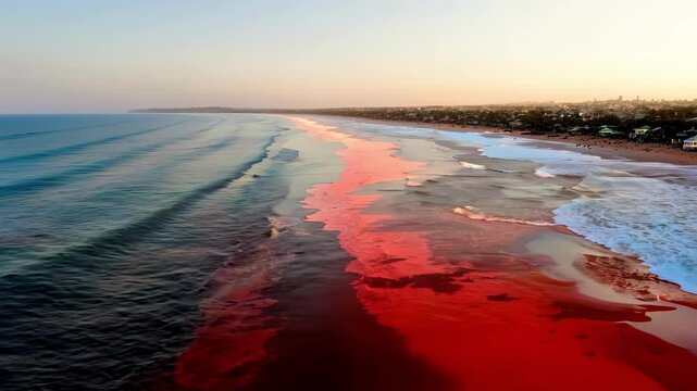 Ocean shoreline illuminated by a reddish hue due to a red tide algal bloom at sunset. Concept of marine phenomenon, environmental impact, bioluminescence, coastal ecology