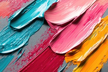 Vibrant oil paint strokes in teal, pink, crimson, and gold create a dynamic abstract artwork.