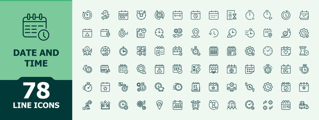 Date And Time related icon set. Containing day, alarm, date, hourglass, time, calendar, countdown and more. Minimalist icons collection. Clock modern icon set. Editable stroke. Vector illustration.