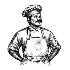 Obraz premium Vintage engraved illustration of a confident chef in traditional attire showcasing craftsmanship and culinary expertise