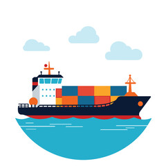 Illustration of a cargo ship with containers sailing on the water against a blue circular background