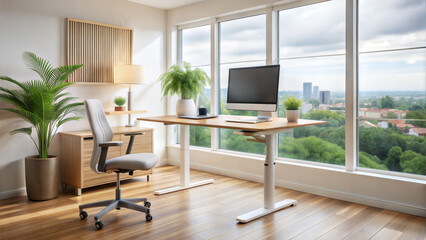 Naklejka premium Bright Home Office with Standing Desk, Ergonomic Chair, and Stunning City View
