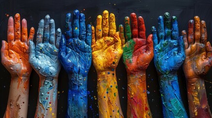 Colorful Hands Raised Up. Concept Of Unity, Diversity, Acceptance, Racial Equality, Tolerance