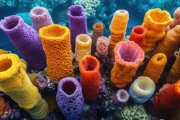 Vibrant coral reef showcasing diverse, colorful sponges in various shapes and sizes.