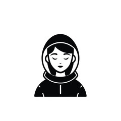Astronaut woman in helmet with eyes closed black silhouette on white background