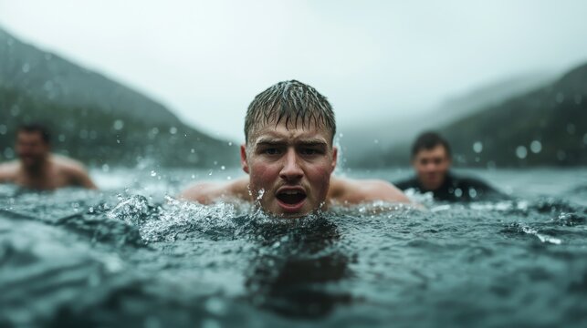 A close-up of a man swimming with determination, displaying intense focus and dynamic movement amidst a dramatic natural backdrop and moody weather conditions.