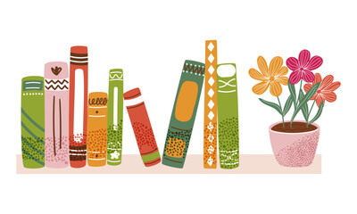 Books on shelf with flowerpot. Cozy and artistic design reading, literature, and home decor. Perfect for libraries, bookstores, and education themes