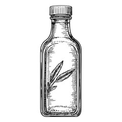 Engraved illustration of a vintage bottle featuring hand-drawn leaves for creative tattoo design inspiration