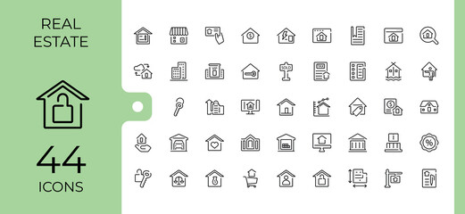 Real Estate icon set. Pack of building, home, apartment, construction, estate and more. Expanded stroke. Property modern icon. Editable vector art and illustration.