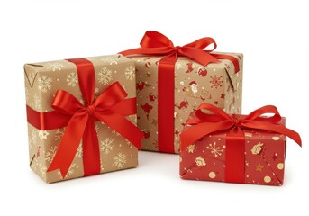 Fototapeta premium Three presents wrapped in festive paper and tied with bright red ribbons on a white background
