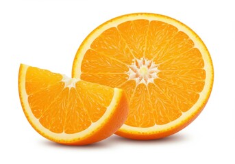 A vibrant close up of sliced oranges displaying their juicy texture and bright color on white background