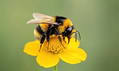 Fuzzy bee pollinating a bright yellow flower